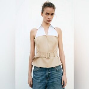 ZARA Halter Belted Peplum Top - Beige and White size large
